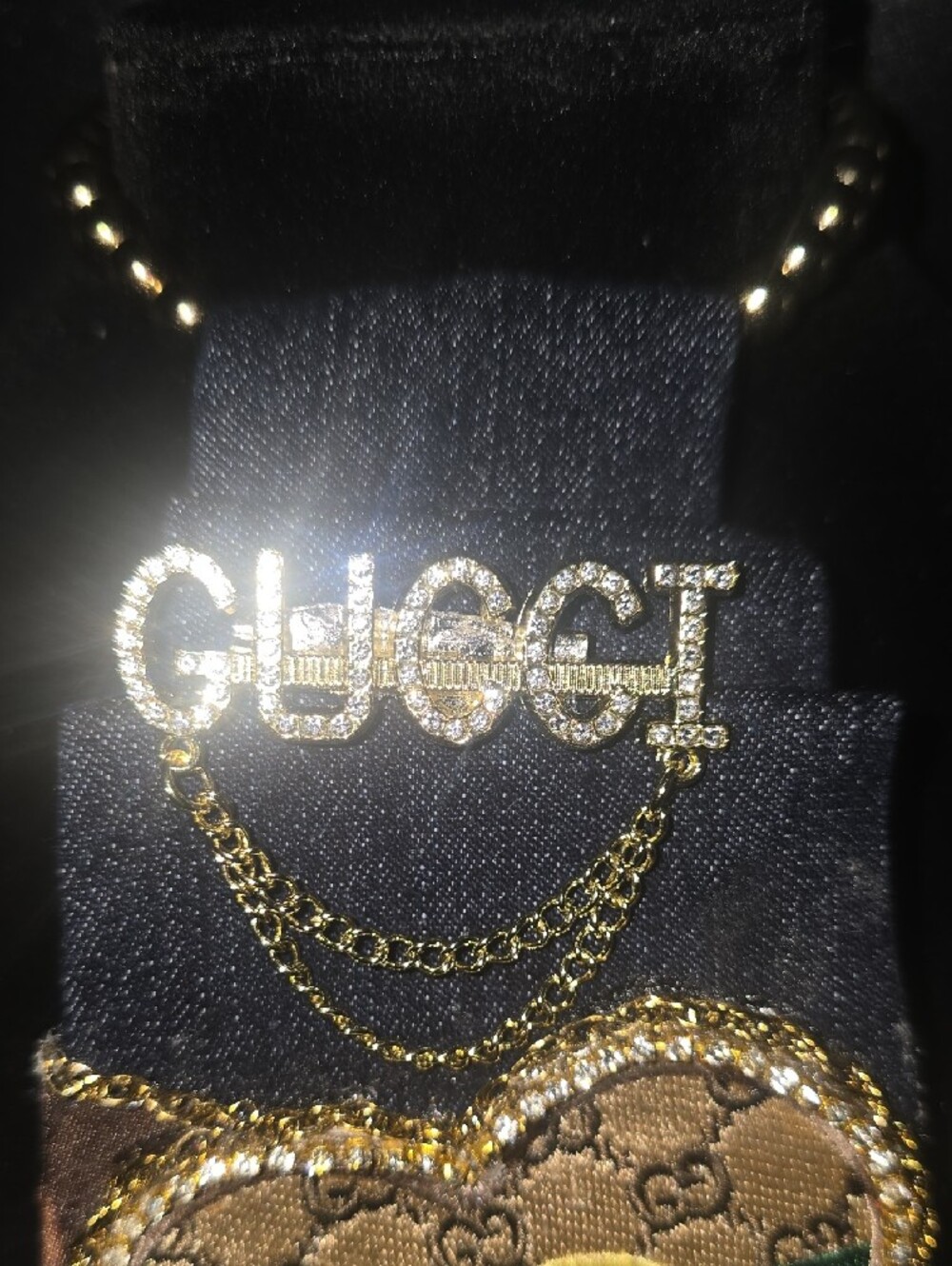 Denim Tie Necklace With Gold Embellishments - Picture 3 of 9